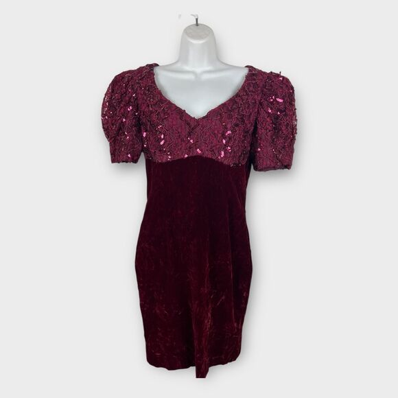 Vintage Red Burgundy Velvet Sequin Puff Sleeve Bodycon Holiday Party Dress Sz 8 - Picture 1 of 7